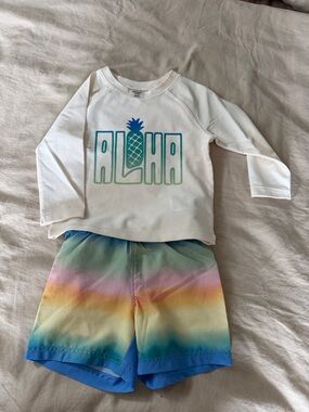 White Aloha Rashguard Top & Rainbow Ombre Swim Shorts